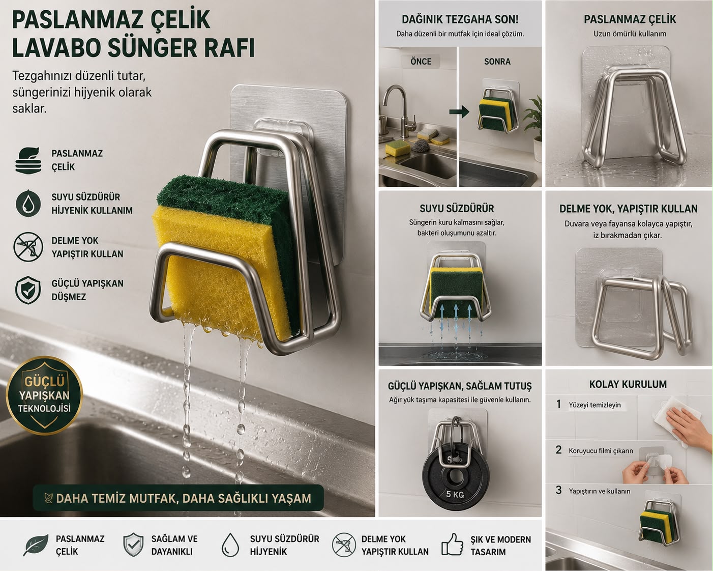 Paslanmaz Çelik Lavabo Sünger Rafı | Delmeden Yapışkanlı Sünger Tutucu