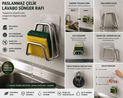 Paslanmaz Çelik Lavabo Sünger Rafı | Delmeden Yapışkanlı Sünger Tutucu