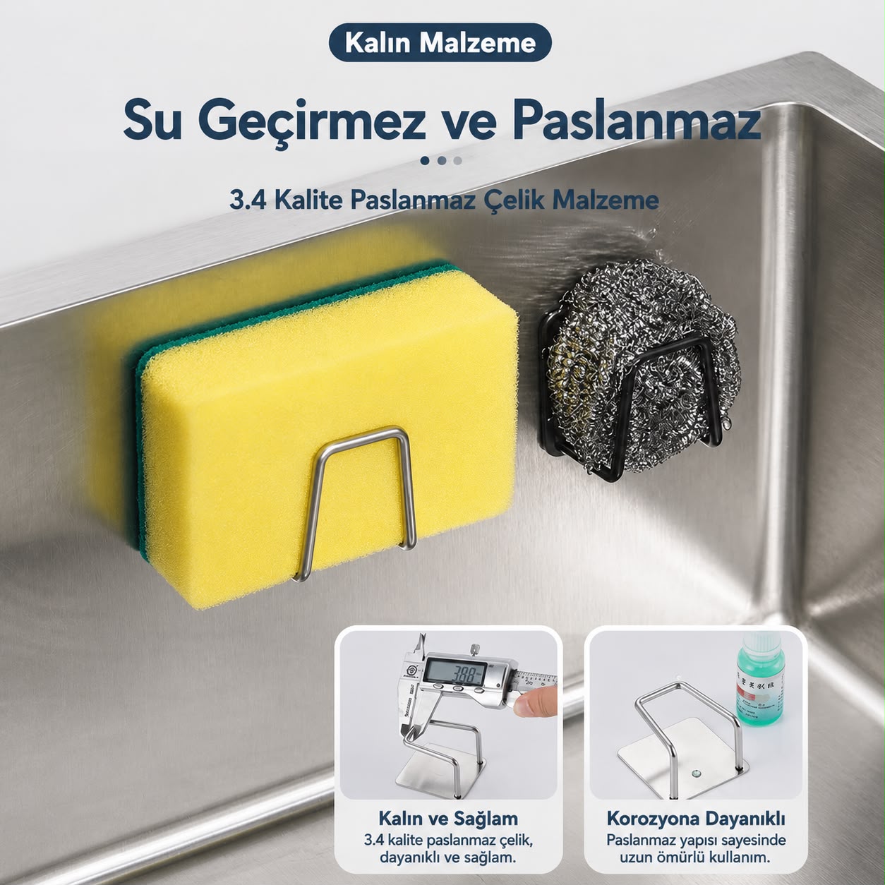 Paslanmaz Çelik Lavabo Sünger Rafı | Delmeden Yapışkanlı Sünger Tutucu