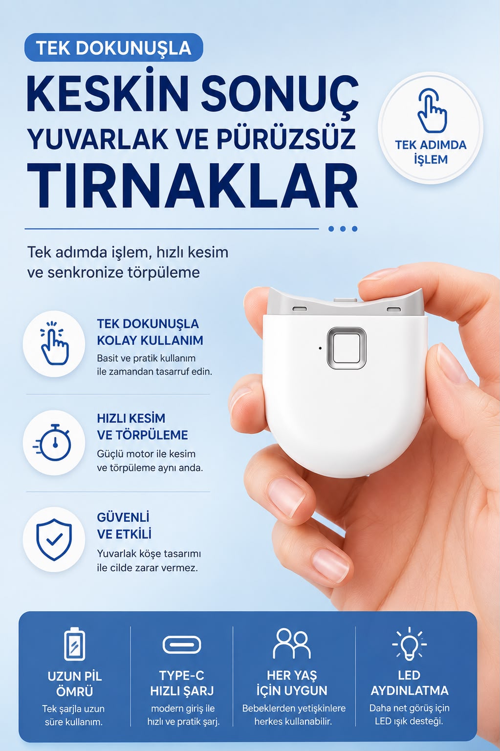 Şarjlı Akıllı Tırnak Kesme ve Törpüleme Cihazı | LED Işıklı Premium Bakım